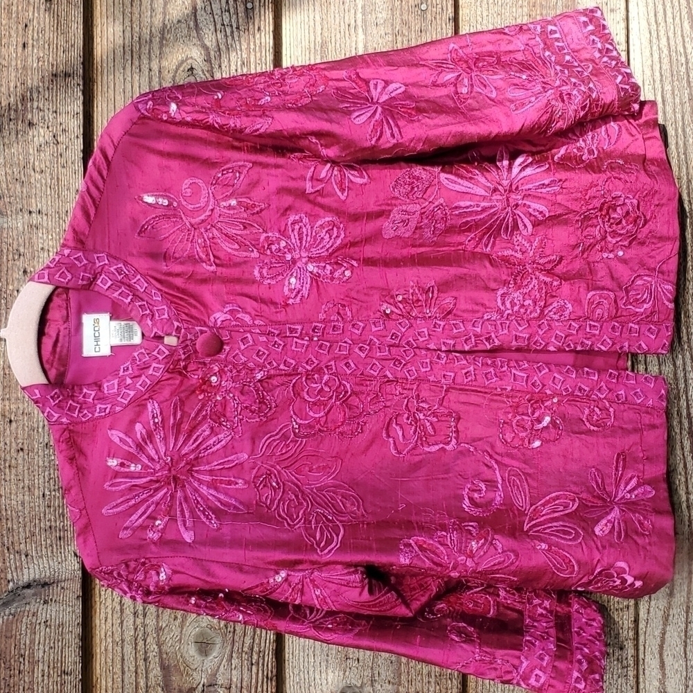 Chicos Silk Ornate Jacket Fushia Size 1